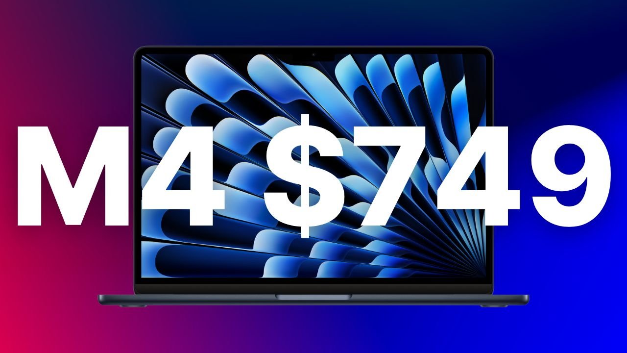 MacBook Air laptop with abstract blue pattern on screen, text M4 $749 over it, vibrant gradient background.