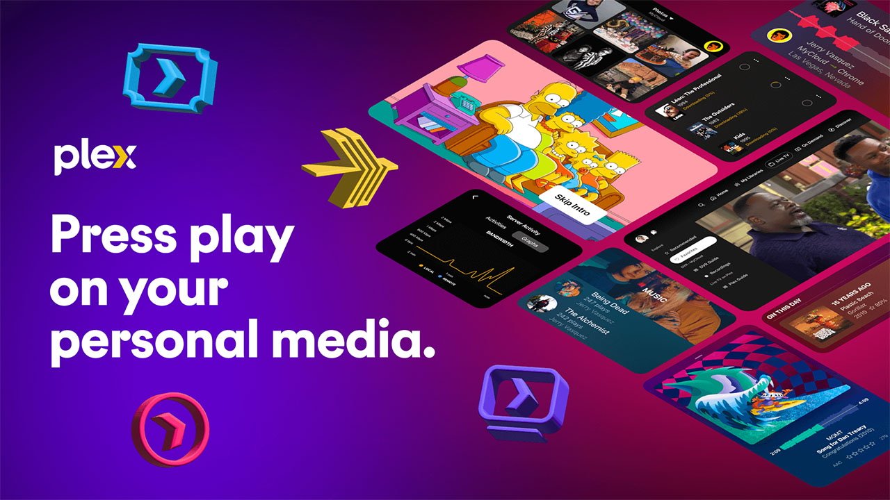 Plex Pass colorful media interface featuring cartoon family, music, and streaming options with text: 'Press play on your personal media' against a purple background, along with geometric icons.