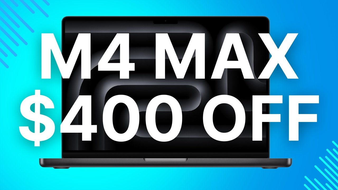 Apple M4 Max MacBook Pro in Space Black on blue background with M4 Max $400 off.