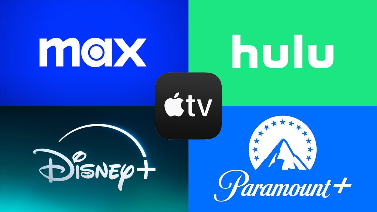 Streaming service logos: Max, Hulu, Disney Plus, Paramount Plus, and Apple TV are displayed on colored backgrounds in a grid layout.