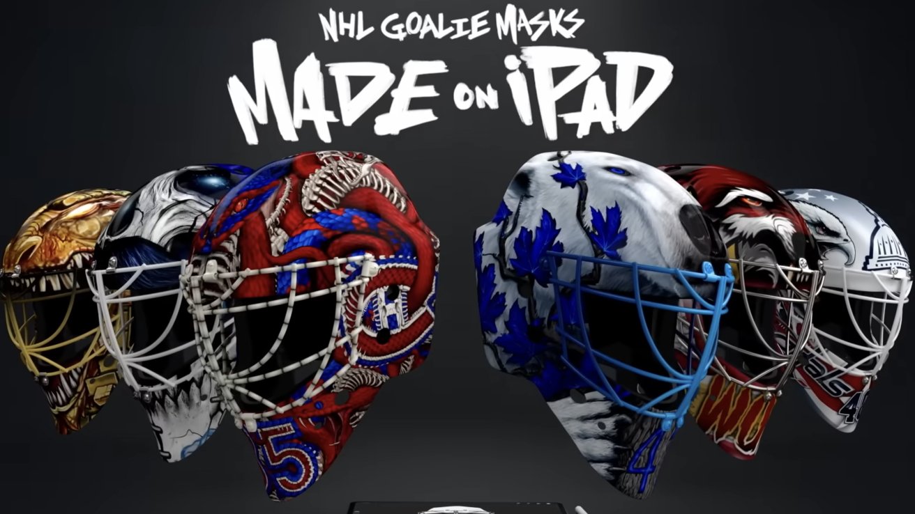 Six colorful NHL goalie masks with various designs displayed under text saying 'NHL Goalie Masks Made on iPad' against a dark background.