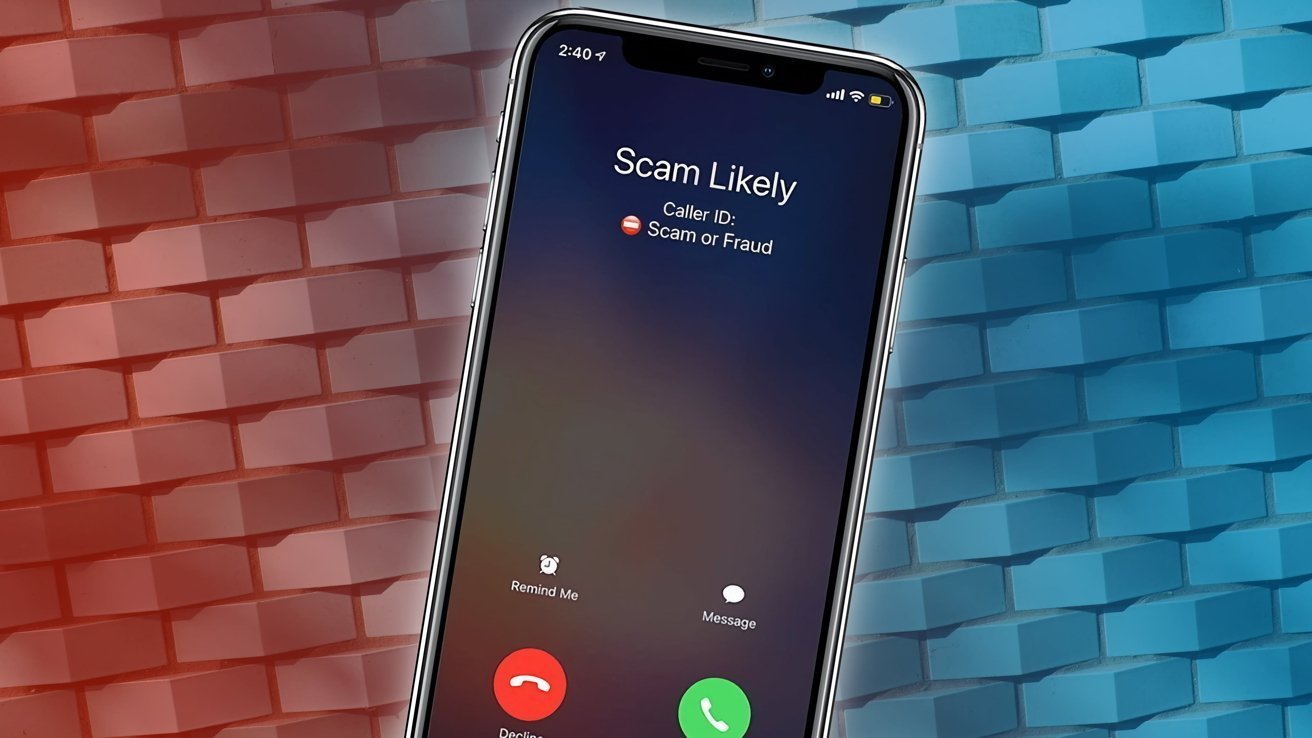 Smartphone screen displays incoming call from 'Scam Likely' with decline and accept buttons overlaid on red and blue brick background.