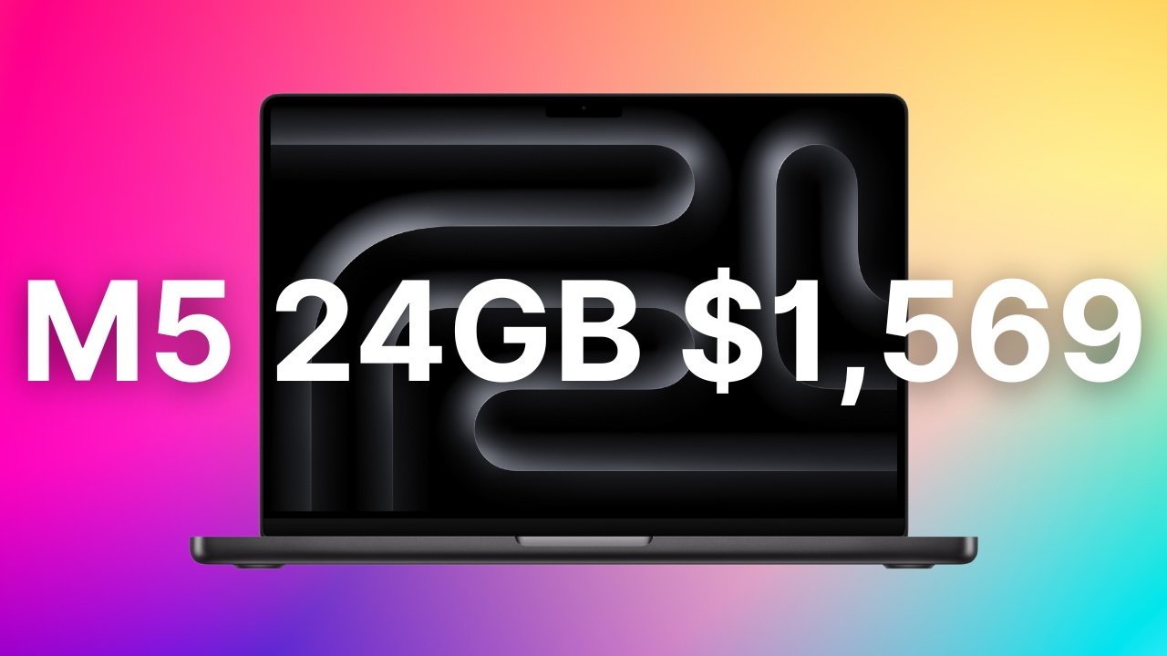 MacBook Pro 14 with dark screen design against a colorful gradient background. Bold text overlay reads M5 24GB $1,569.