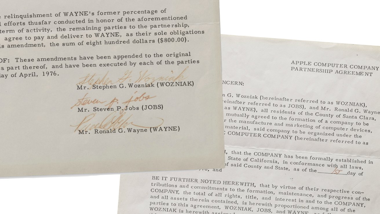 Document showing the Apple Computer Company partnership agreement with signatures from three partners, dated April 1976.