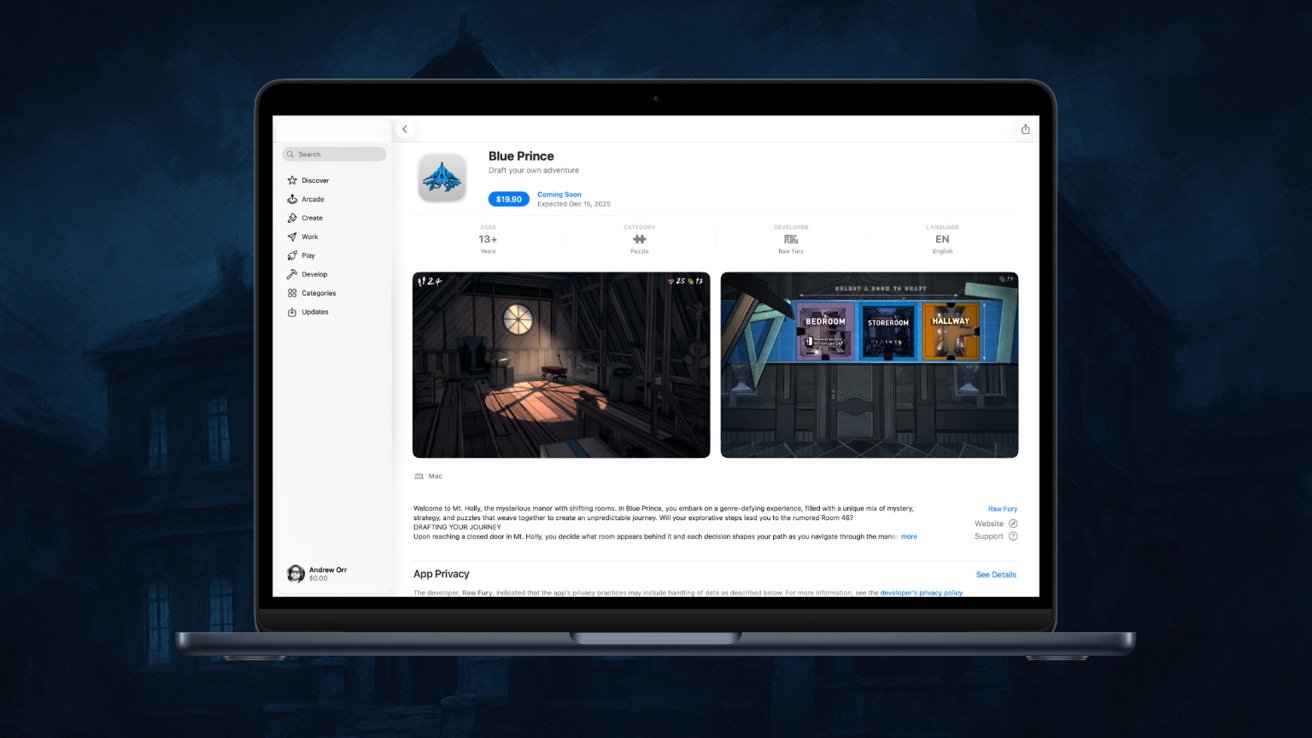 Laptop displaying a game page for 'Blue Prince' featuring two game screenshots, price, release date, age rating, and brief description on a dark background.