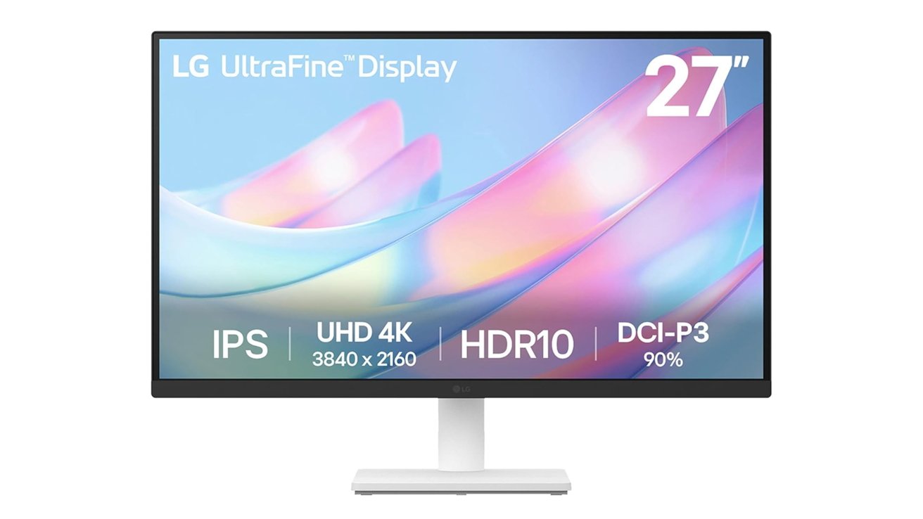 27-inch LG UltraFine Display monitor with UHD 4K resolution, HDR10 support and 90% DCI-P3 color accuracy, shown with a colorful abstract background.