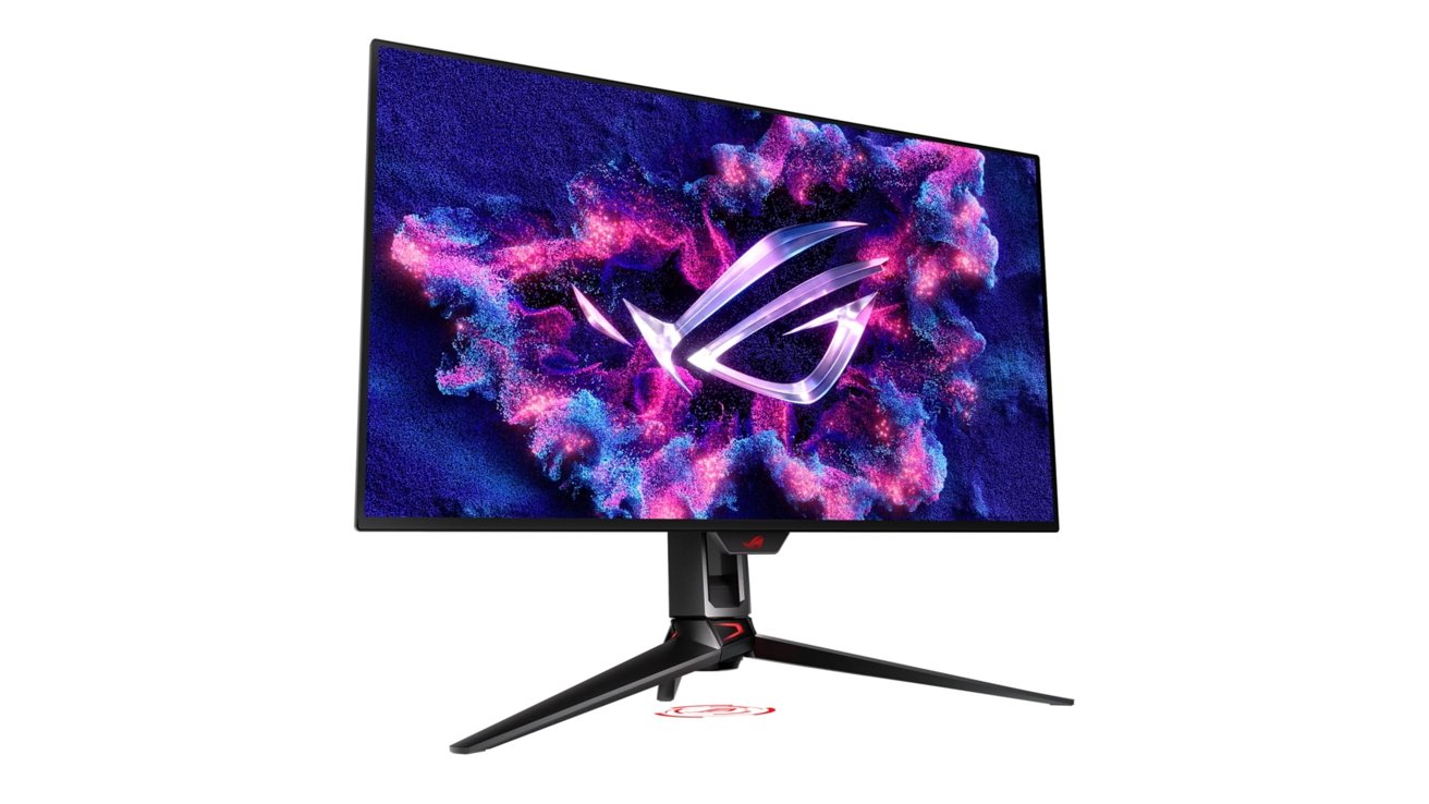 An elegant gaming monitor with a vibrant colorful abstract design on the screen, mounted on a sturdy, modern stand with angular legs.