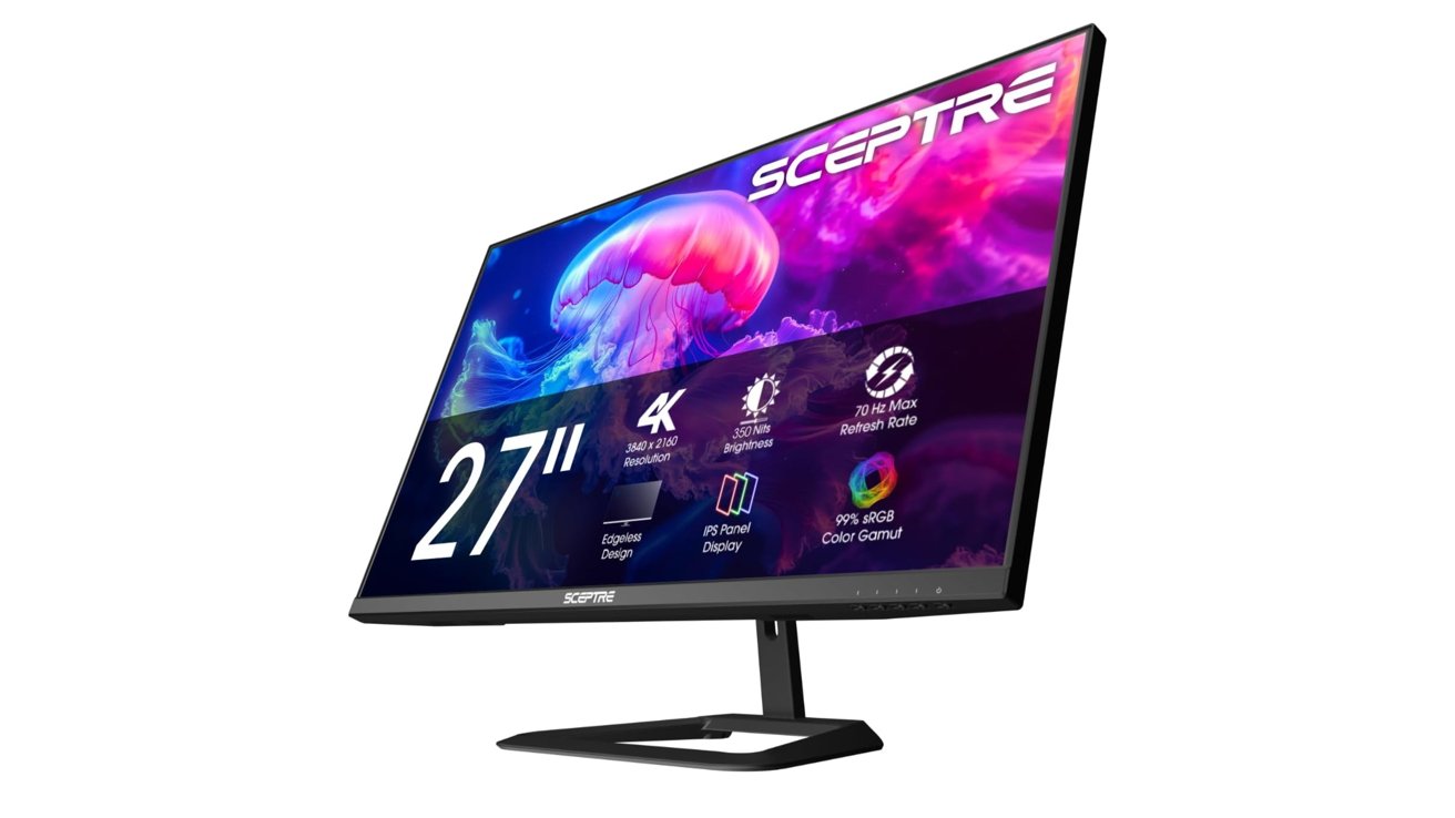 Displaying vibrant jellyfish graphics, the Sceptre monitor showcases features such as 27-inch screen, 4K resolution, 350 nits brightness, 70Hz refresh rate, IPS panel, borderless design, 99% sRGB color gamut.