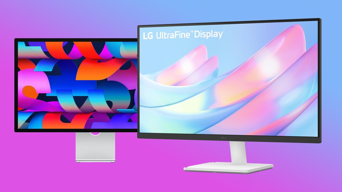 Two monitors with colorful abstract backgrounds on a gradient blue and purple backdrop.