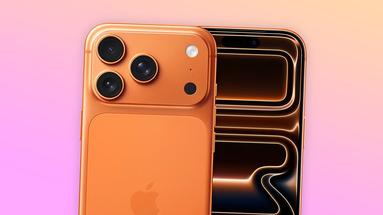 Orange smartphone with three camera lenses and a flash on a gradient pink to orange background. Another phone with a reflective, wavy pattern is partially visible behind.