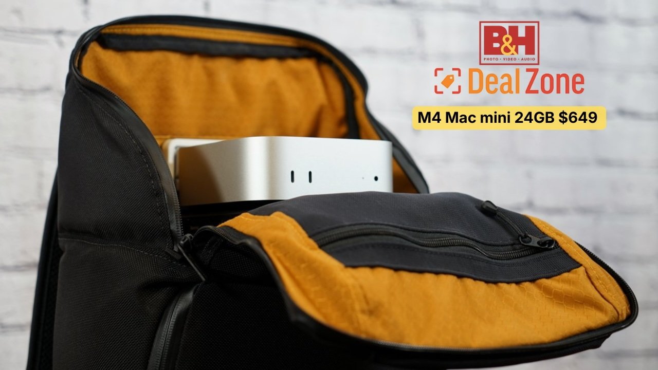 Black backpack with orange interior contains a Mac mini M4. Text details deal information from B&H Photo Video Audio: M4 Mac mini 24GB for $649.