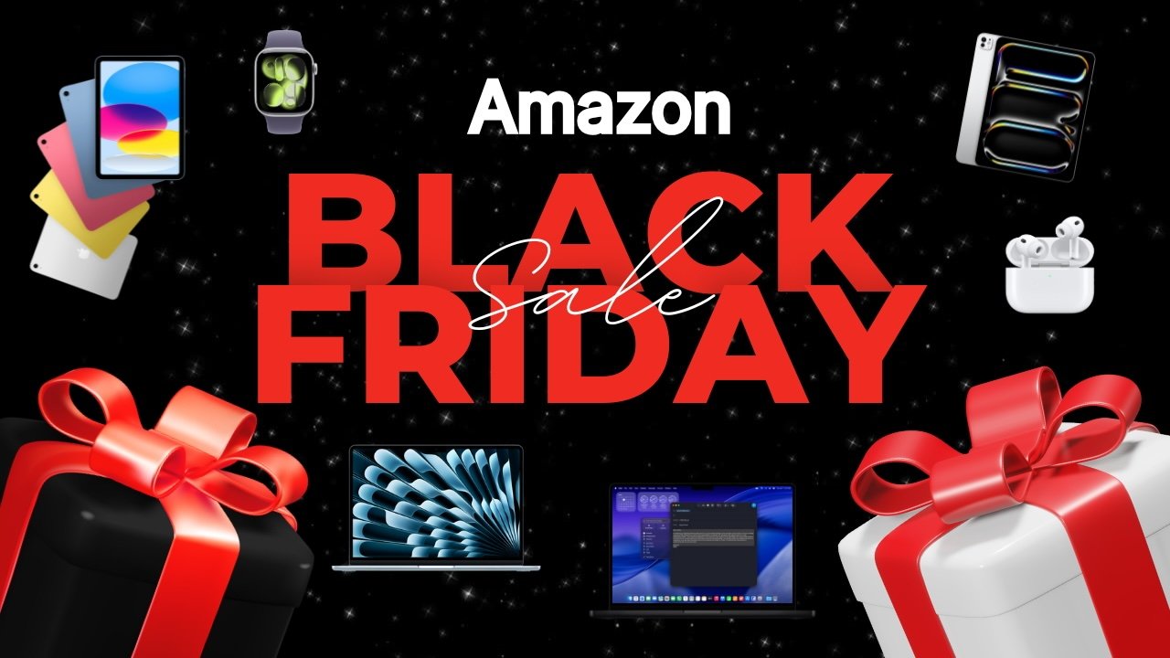 Amazon Black Friday sale featuring Apple iPad, Apple Watch, MacBooks, and AirPods on a starry black background with red and white gift boxes.