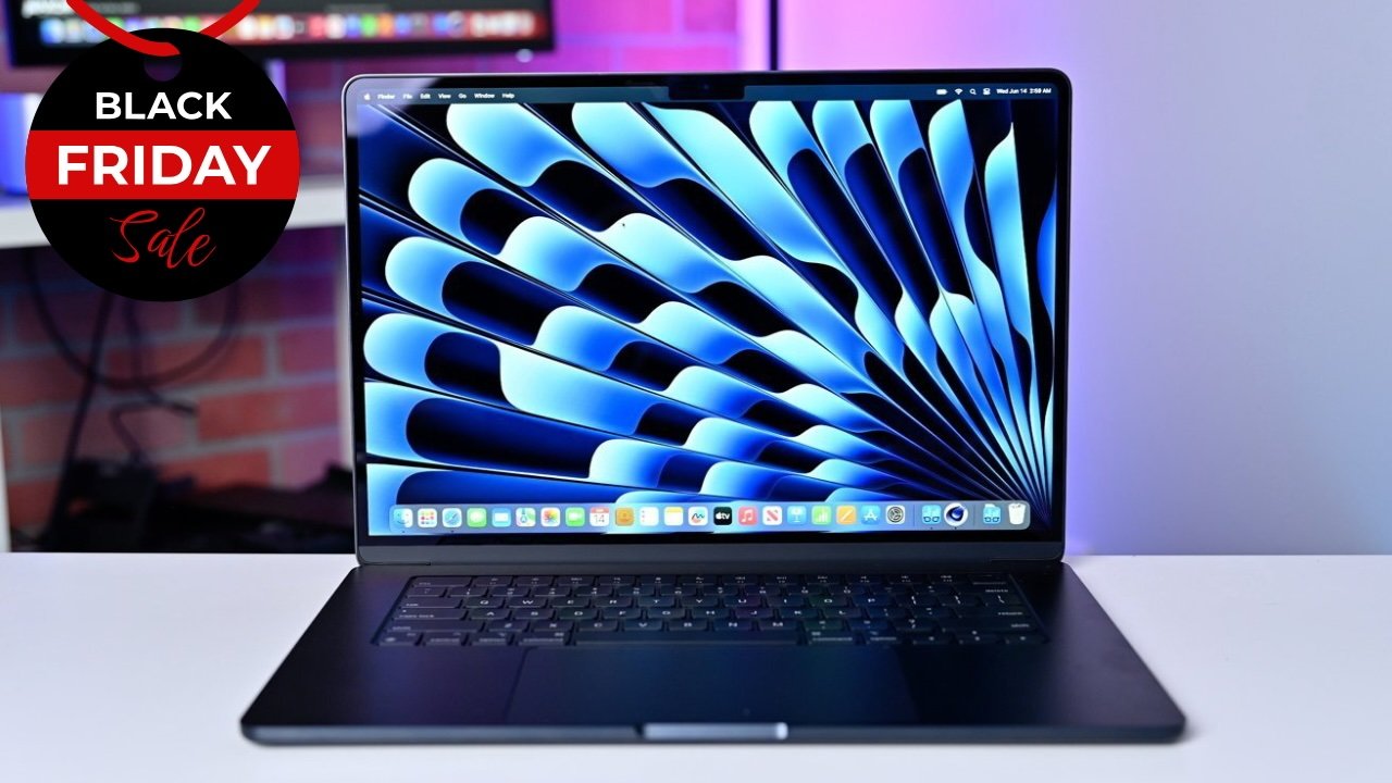 15-inch MacBook Air with a vibrant blue abstract screen pattern on a desk, featuring a Black Friday Sale badge in the corner.