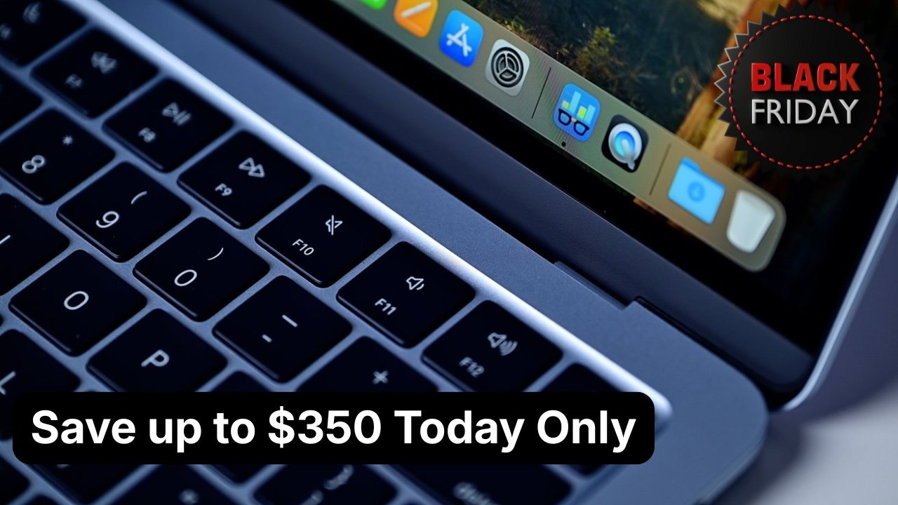 MacBook Air keyboard and screen with Black Friday promotion, save up to $350 today only.