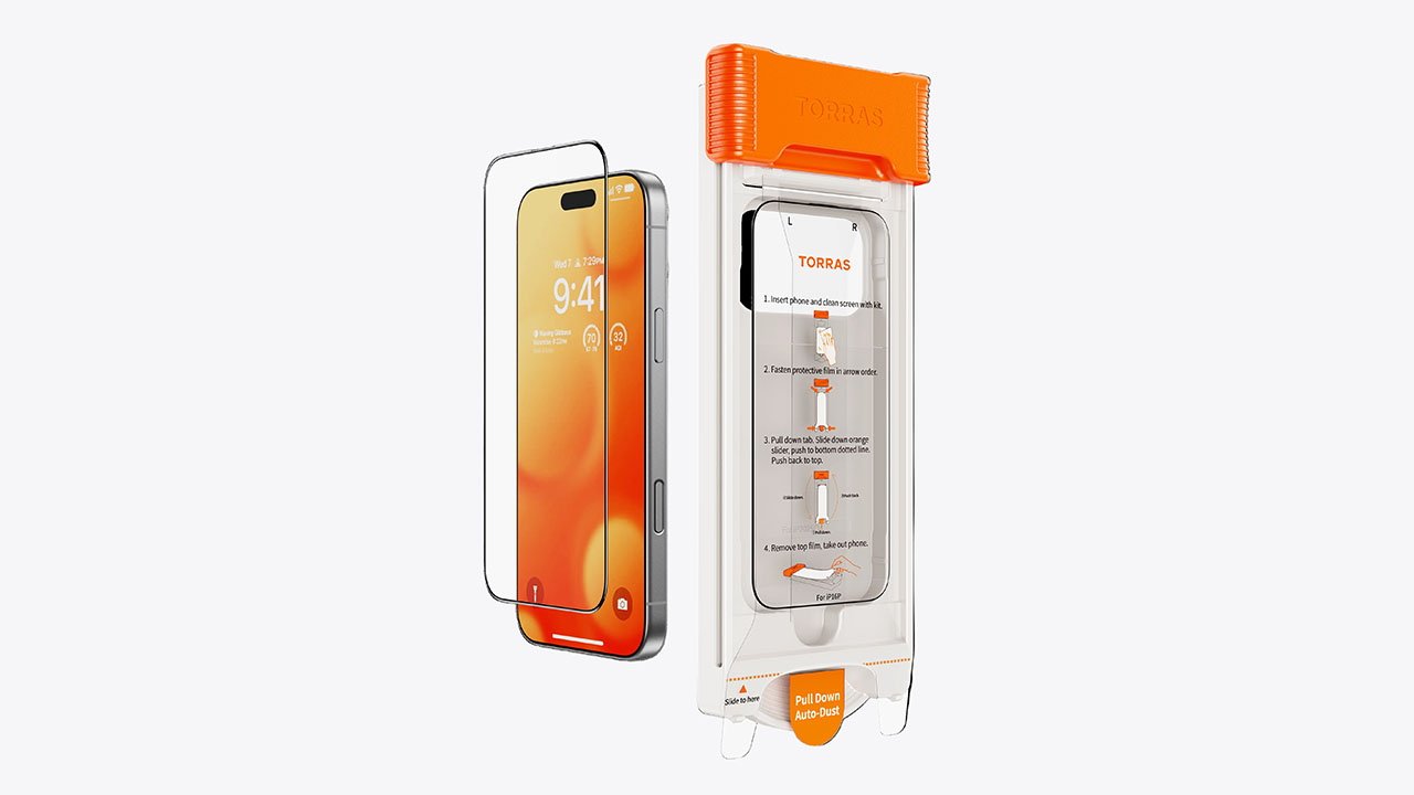 iPhone with Torras OrigArmor screen protector and orange application tool featuring installation instructions.