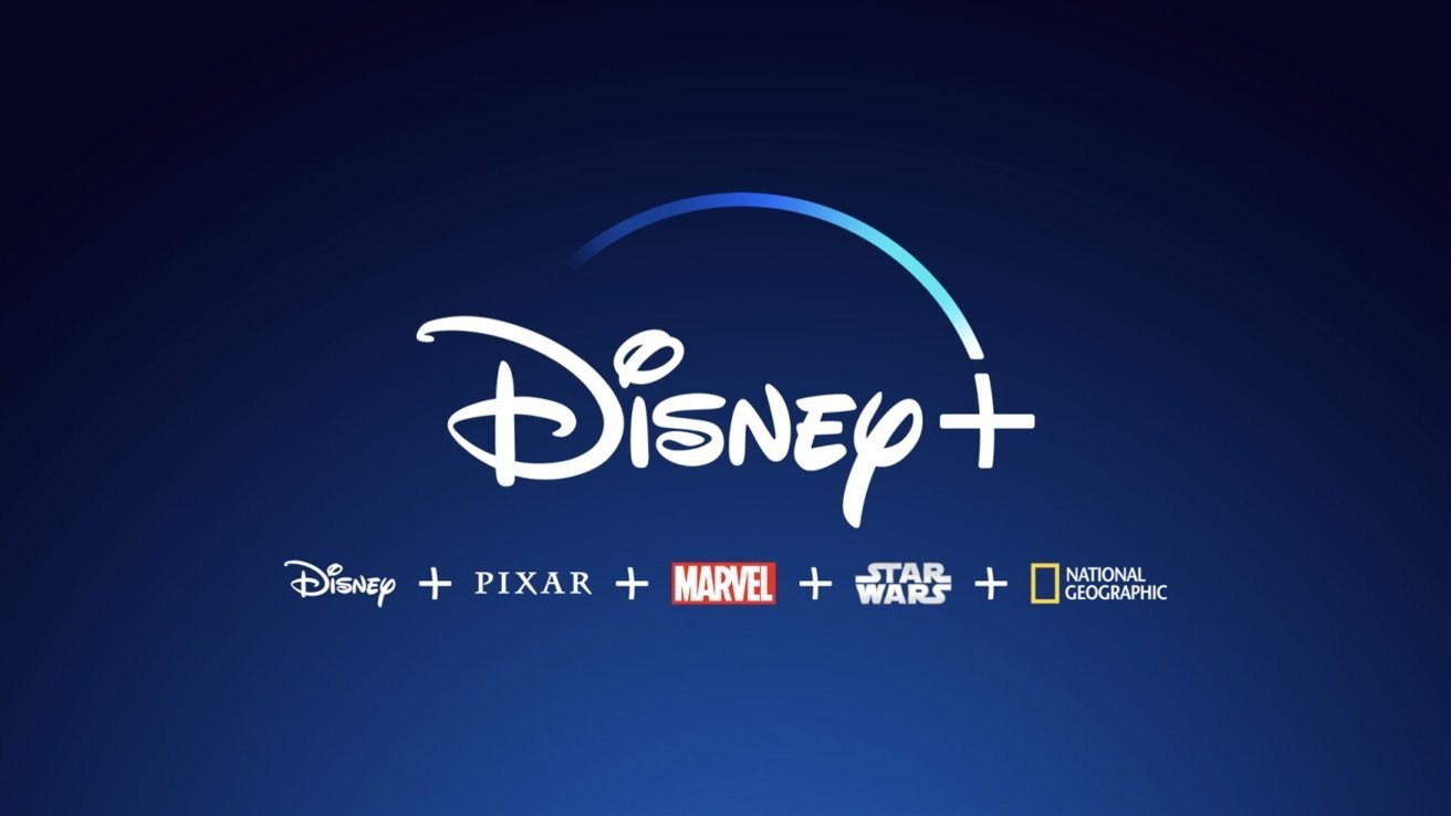 Disney+ logo with blue gradient background featuring Disney, Pixar, Marvel, Star Wars, and National Geographic logos aligned below.