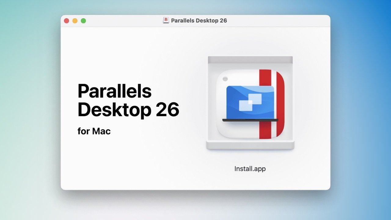 Parallels Desktop 26 for Mac installation screen, featuring app icon with a blue computer monitor and red vertical stripe.