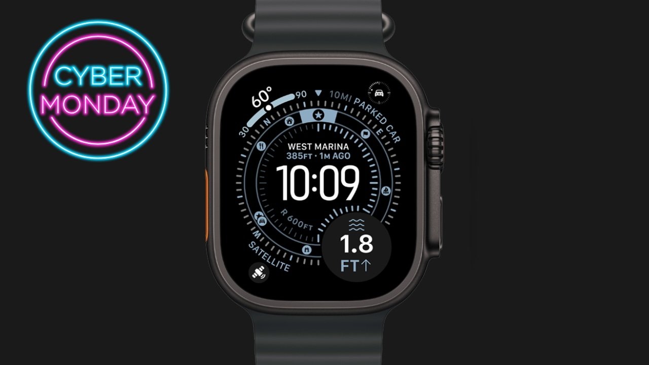 Apple Watch Ultra 3 with detailed GPS display and time, next to neon 'Cyber Monday' sign on black background.
