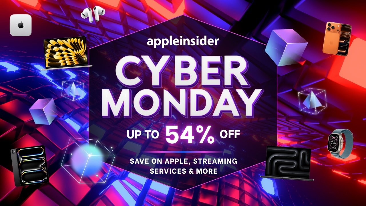Colorful Cyber Monday sale banner featuring Apple products, including AirPods, MacBook, iPhone, and Apple Watch, with text stating up to 54 percent off on Apple and streaming services.