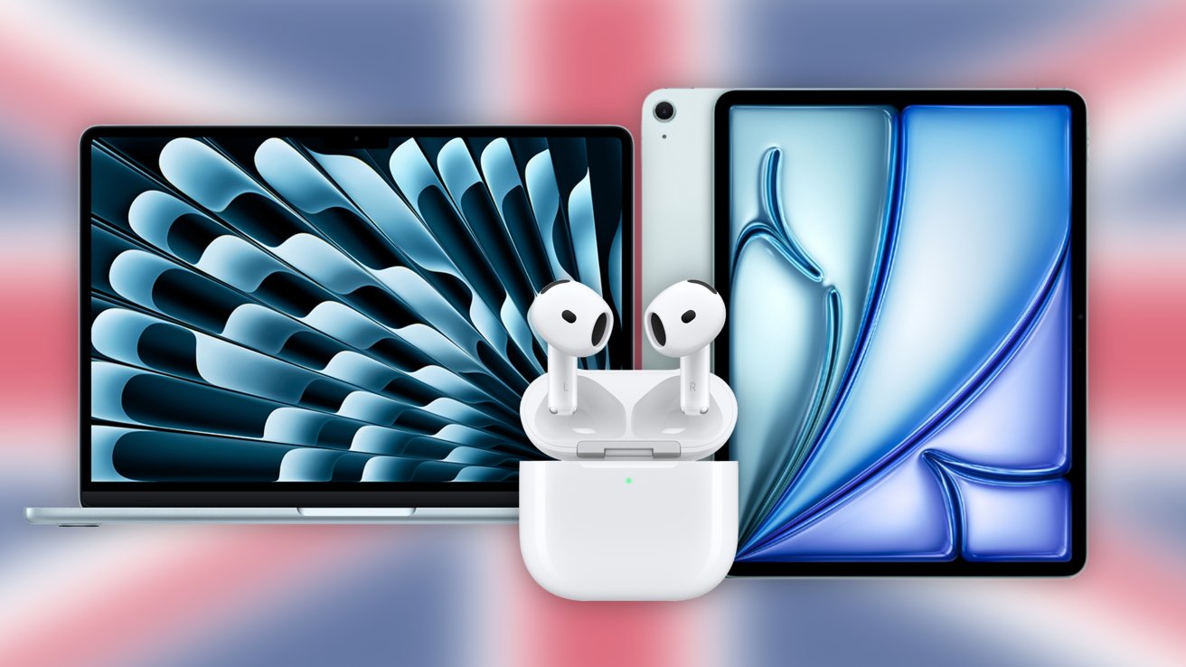 Two tablets displaying abstract blue patterns, with wireless earbuds placed in front against a blurred red, white, and blue background.