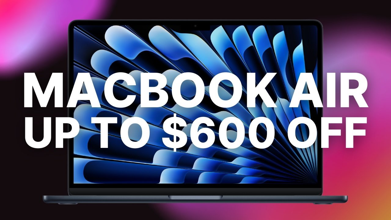MacBook Air in Sky Blue with abstract blue design on screen, large white text says MacBook Air up to $600 off, pink and black background.