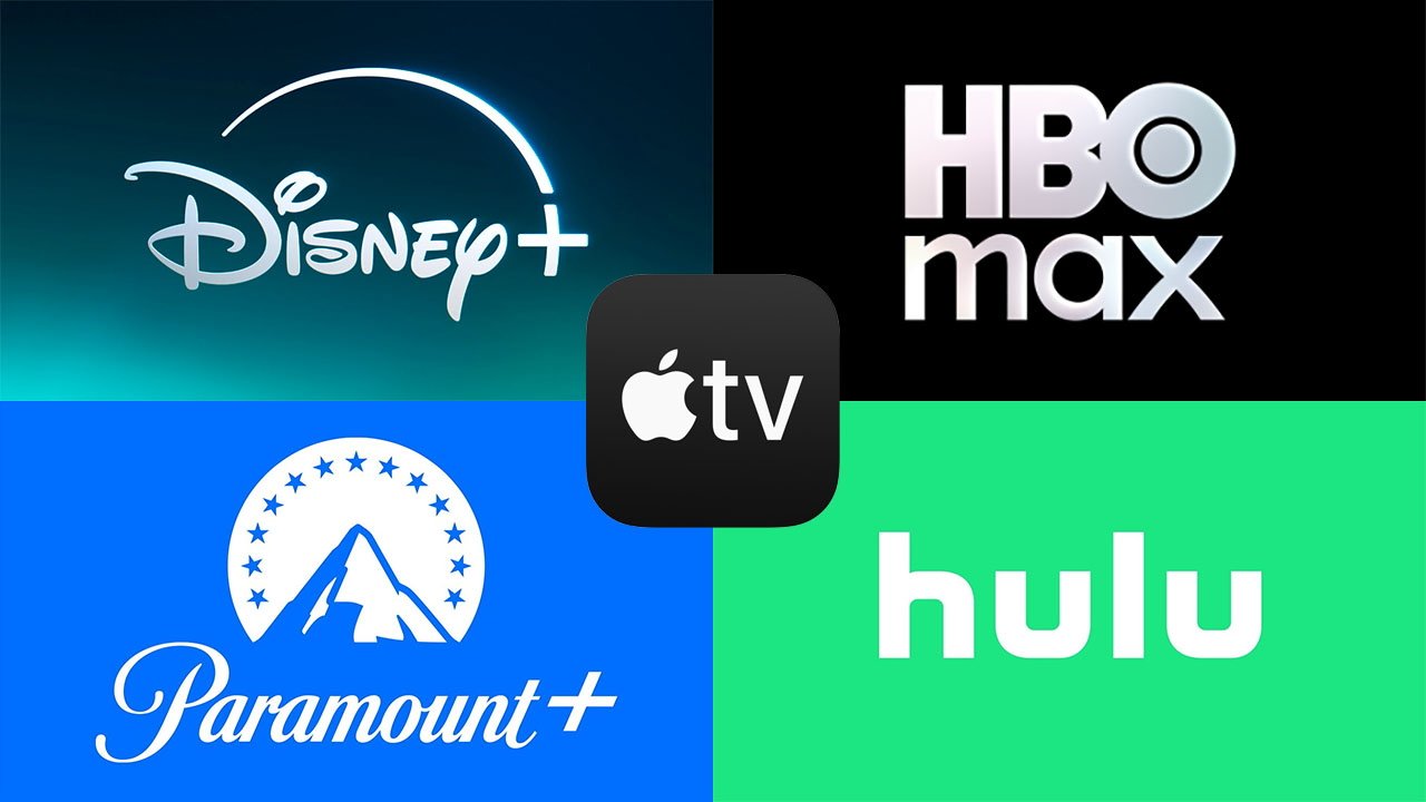 Logos of Disney Plus, HBO Max, Paramount Plus, Apple TV, and Hulu on a multicolored background.