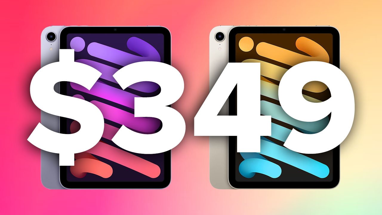 Two iPad mini tablets with colorful screens, one pink-purple and one orange-blue, overlapping slightly. Bold white text displays the price $349 across the center.