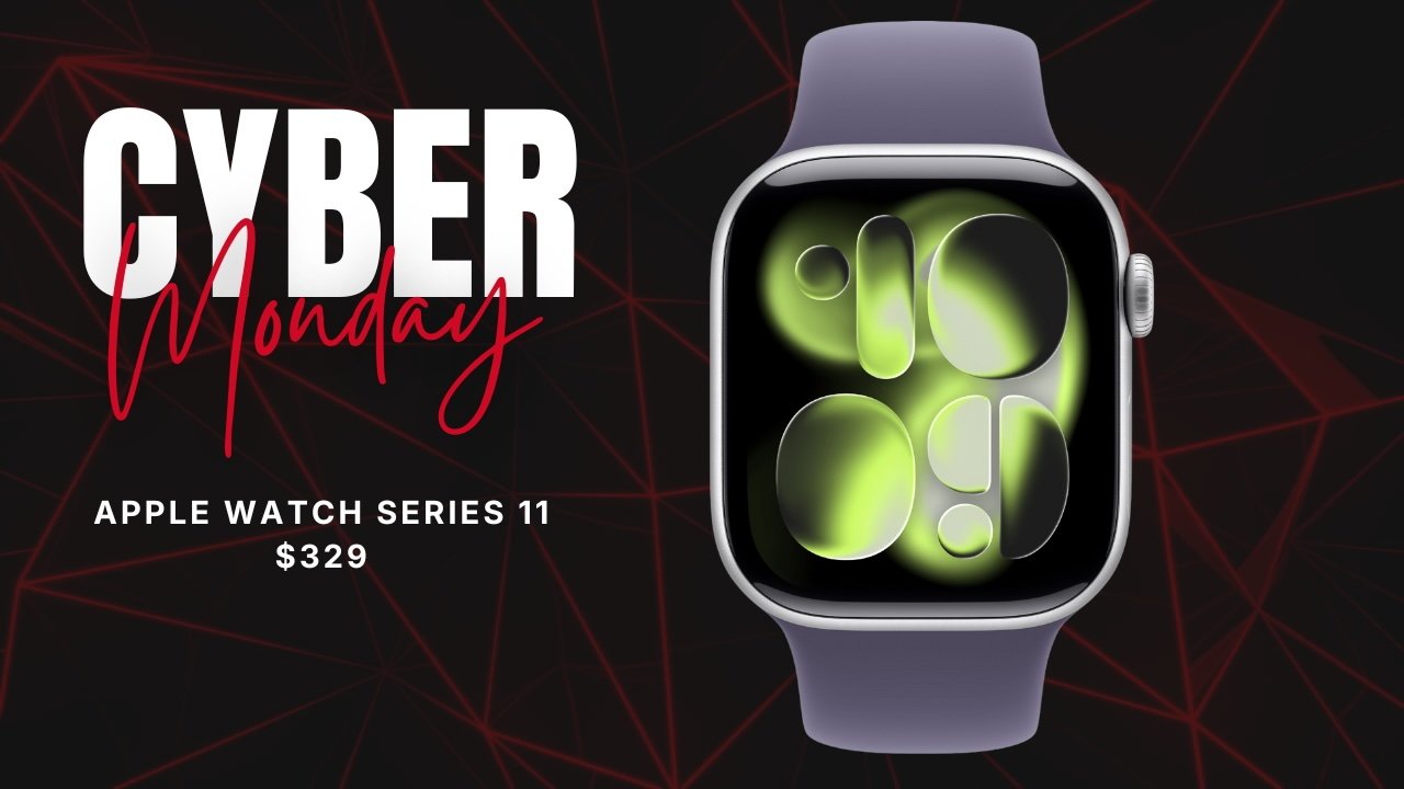 Black background with 'Cyber Monday' text and Apple Watch Series 11 displaying a neon abstract pattern. Price: $329. Red geometric lines create a dynamic, futuristic aesthetic.