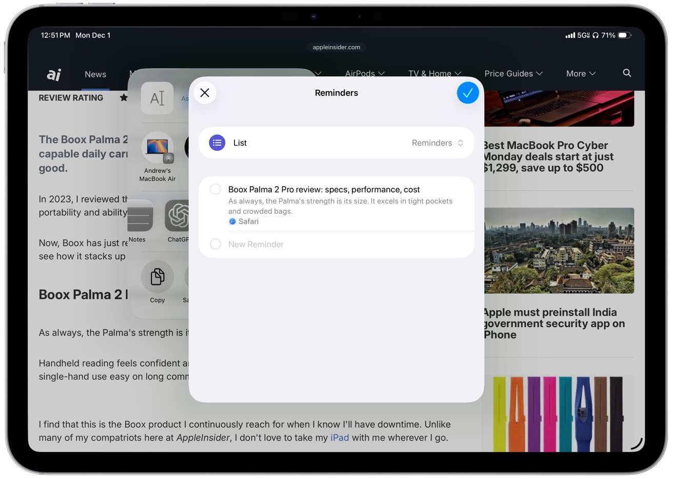 Tablet screen displaying a reminders app overlay, with a list titled 'Boox Palma 2 Pro review,' against a blurred webpage background.