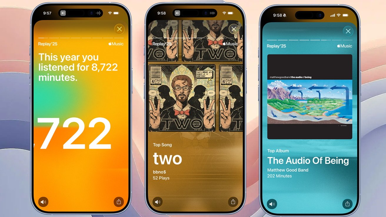 Three smartphones showing musical listening statistics: total minutes, top song with an illustrated album cover, and top album with landscape artwork.