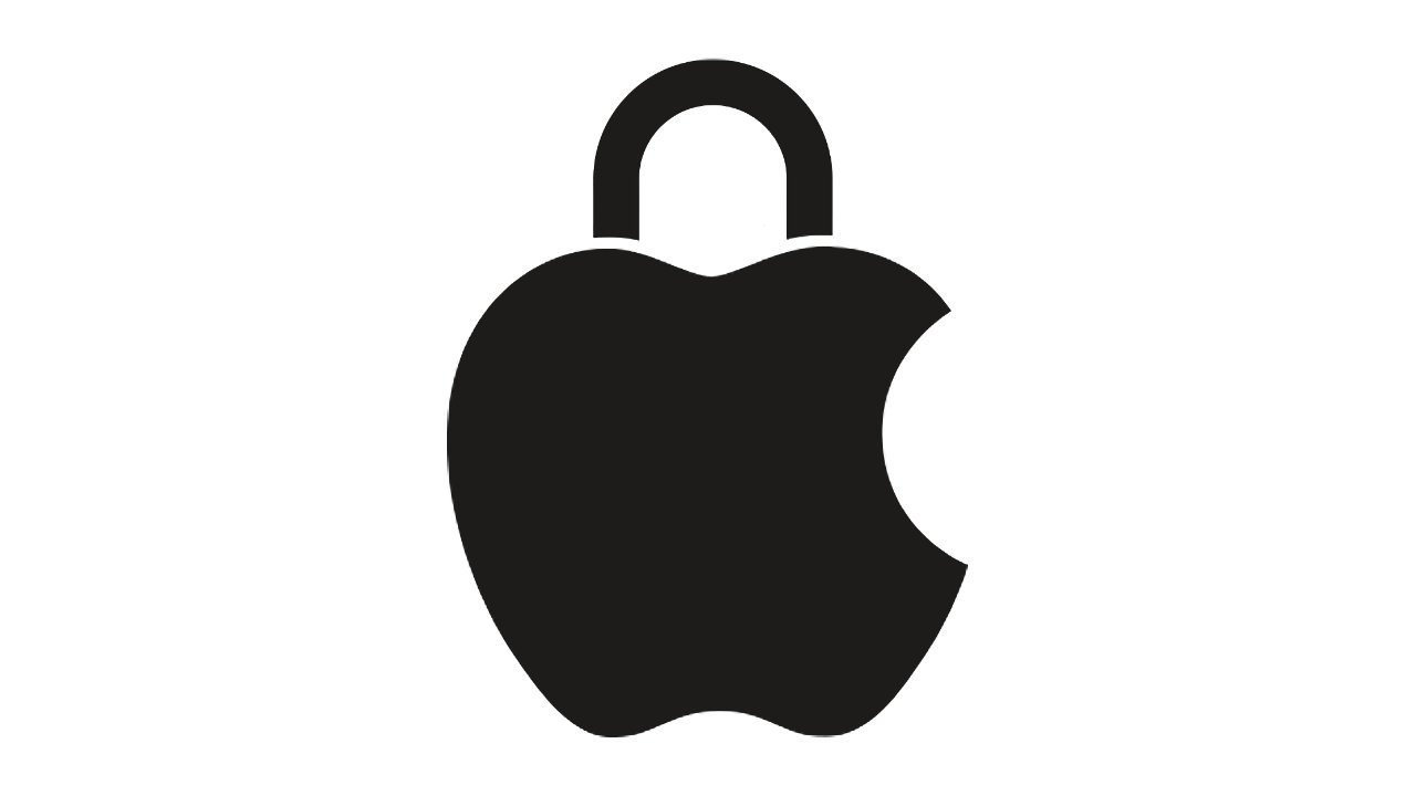 A black apple logo with a bite, modified with a lock's shackle on top, against a white background.