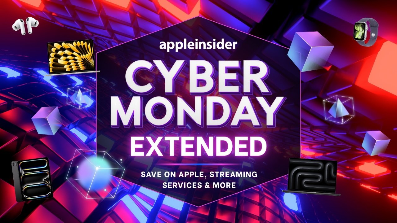 Colorful banner with 'Cyber Monday Extended' text showcasing electronics like AirPods, MacBooks, iPad, in a neon-lit futuristic style with geometric shapes.