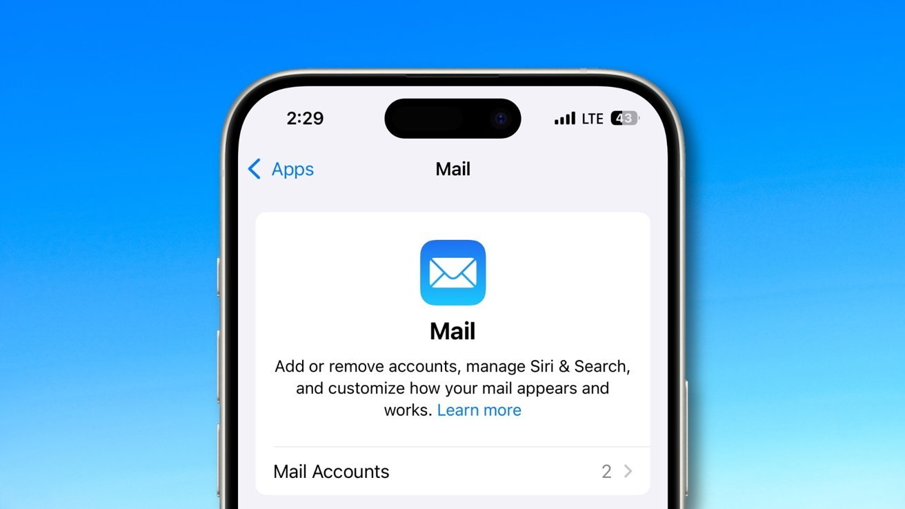 Phone screen displaying Mail settings, with options to add or remove accounts, manage Siri and Search, and customize mail appearance. Bright blue background visible.