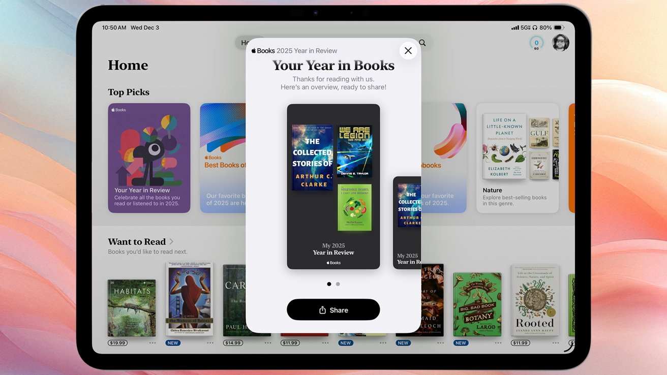 Tablet screen displaying an Apple Books app with a 'Year in Review' pop-up, showcasing selected book covers, top picks, and books to read next.
