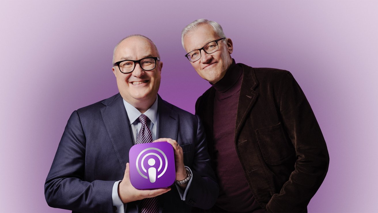 Two smiling men in suits stand against a purple background, one holding a purple square with a white podcast logo.