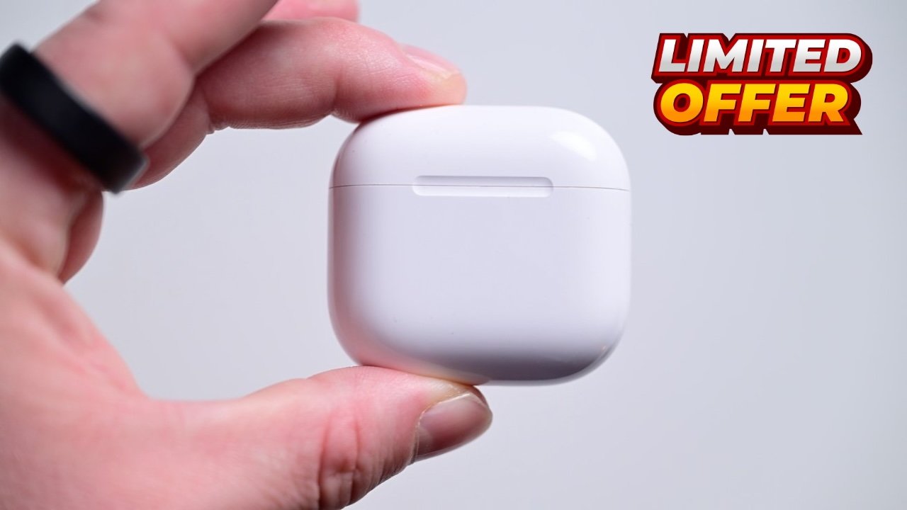 Hand holding a white AirPods 4 case against a plain background, with 'Limited Offer' text in bold red and yellow.