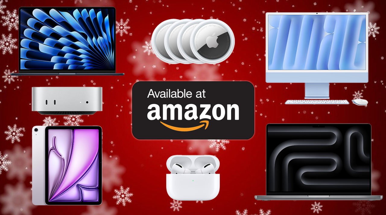 Apple products including MacBook laptops, Mac mini desktop, AirPods, and AirTags on red snowy background, centered text 'Available at Amazon'.
