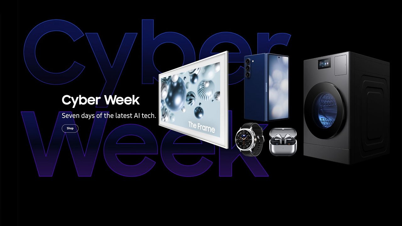 Samsung Cyber Week deals banner with The Frame TV, Galaxy phone, wearable, Bespoke washer, and more.