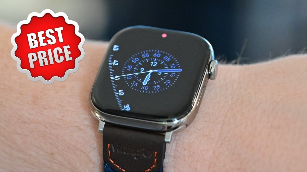 Apple Watch Series 11 on wrist displaying an analog clock face with blue numerals. Red 'best price' badge in the upper left corner.