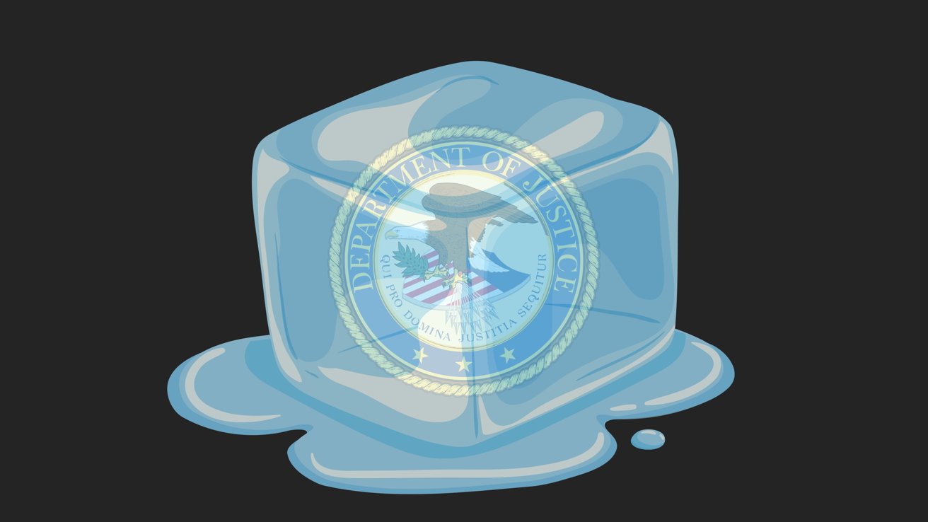 Ice cube with U.S. Department of Justice seal inside, partially melting on a dark background.