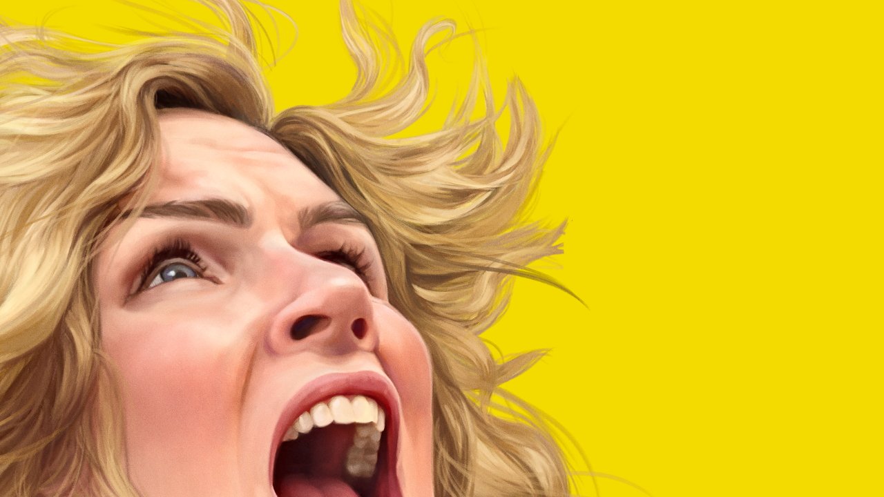 A close-up of a person with blonde hair, mouth open, looking upward against a bright yellow background.