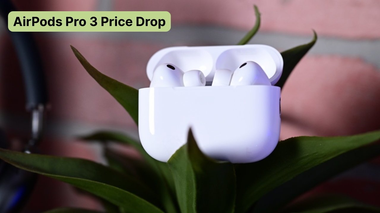 AirPods Pro 3 earbuds in an open case rest on a leafy plant with a blurred brick background; 'AirPods Pro 3 Price Drop' text above.