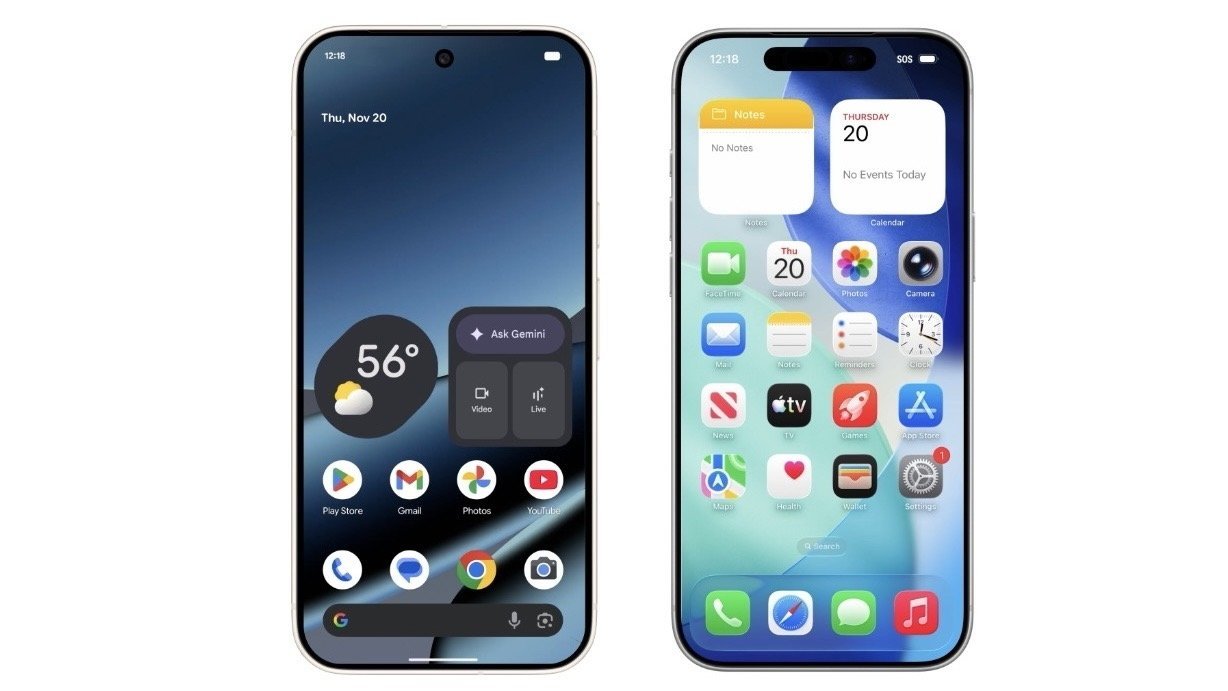 Two smartphones displaying home screens; left shows weather and Google apps, right shows notes and various Apple apps, both indicating Thursday, November 20 at 12:18.