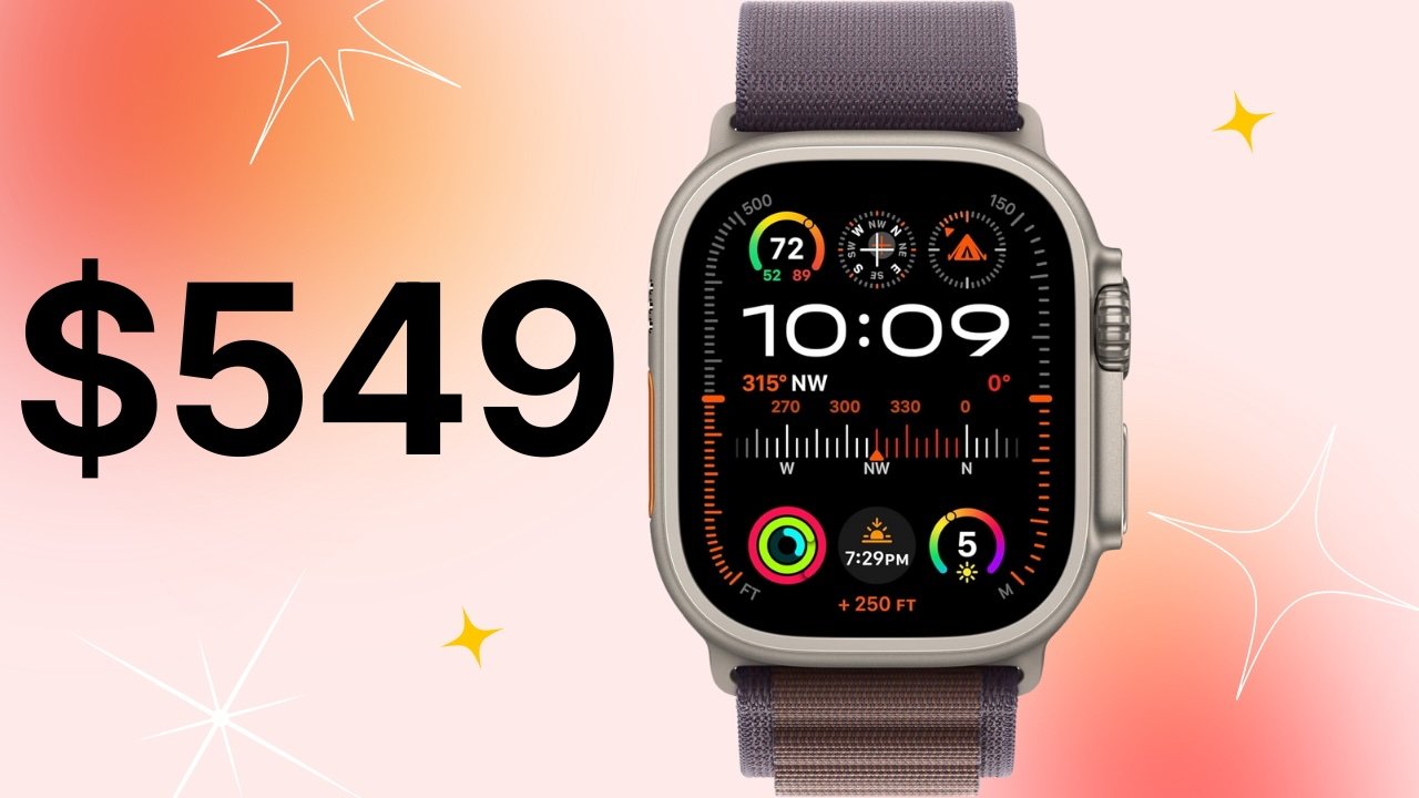 Apple Watch Ultra 2 with diverse colorful graphs and dials on screen, purple strap, $549 price, star designs on orange-pink gradient background.