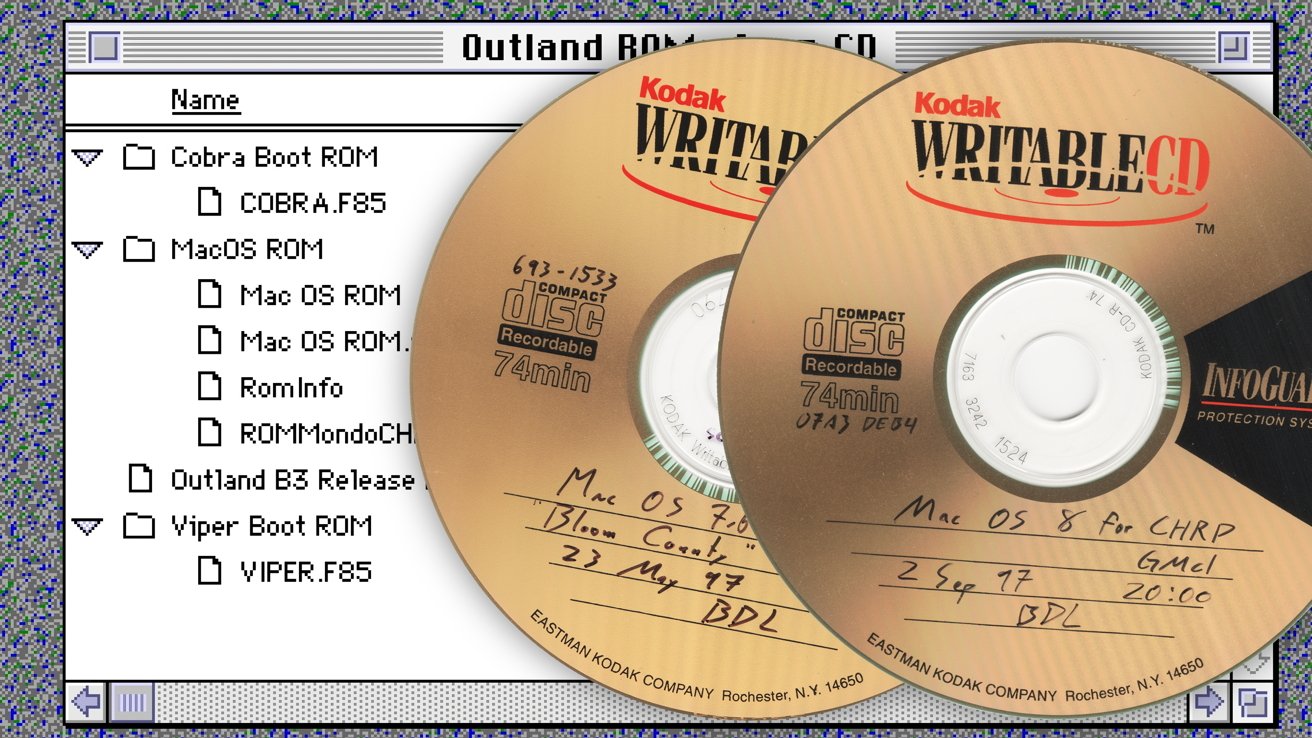 Two Kodak writable CDs labeled with Mac OS information overlay a computer window listing folders like 'Cobra Boot ROM' and 'Viper Boot ROM' on a pixelated background.