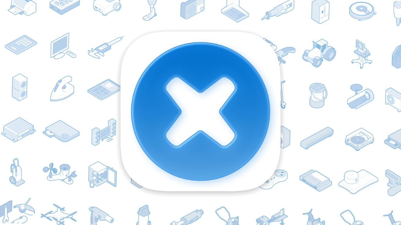 A bold blue 'X' inside a rounded square on a background with lightly drawn electronic and mechanical devices.