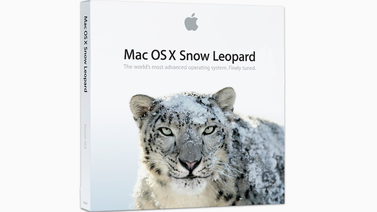 Mac OS X Snow Leopard box featuring a snow leopard with snowy fur, text reads 'The world's most advanced operating system. Finely tuned.' Apple logo above.