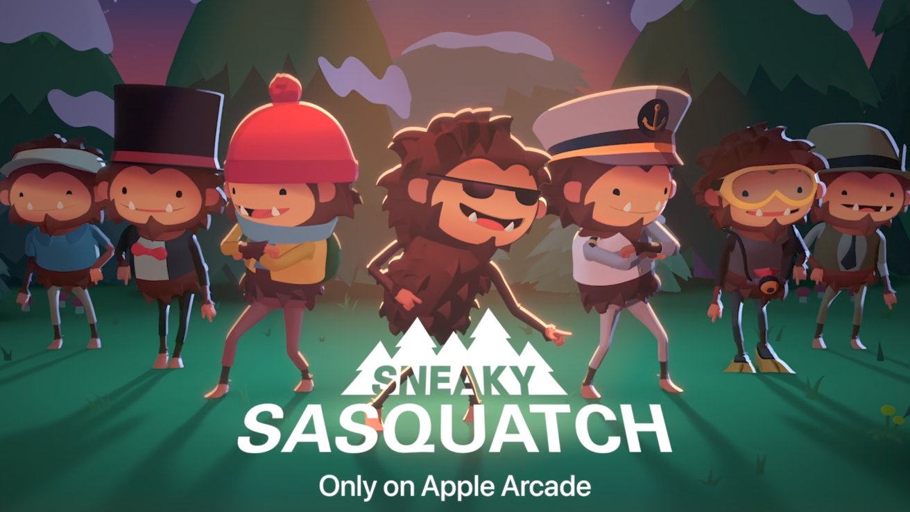 Cartoon characters in various costumes, including a top hat and sailor suit, stand in front of trees with Sneaky Sasquatch text below.