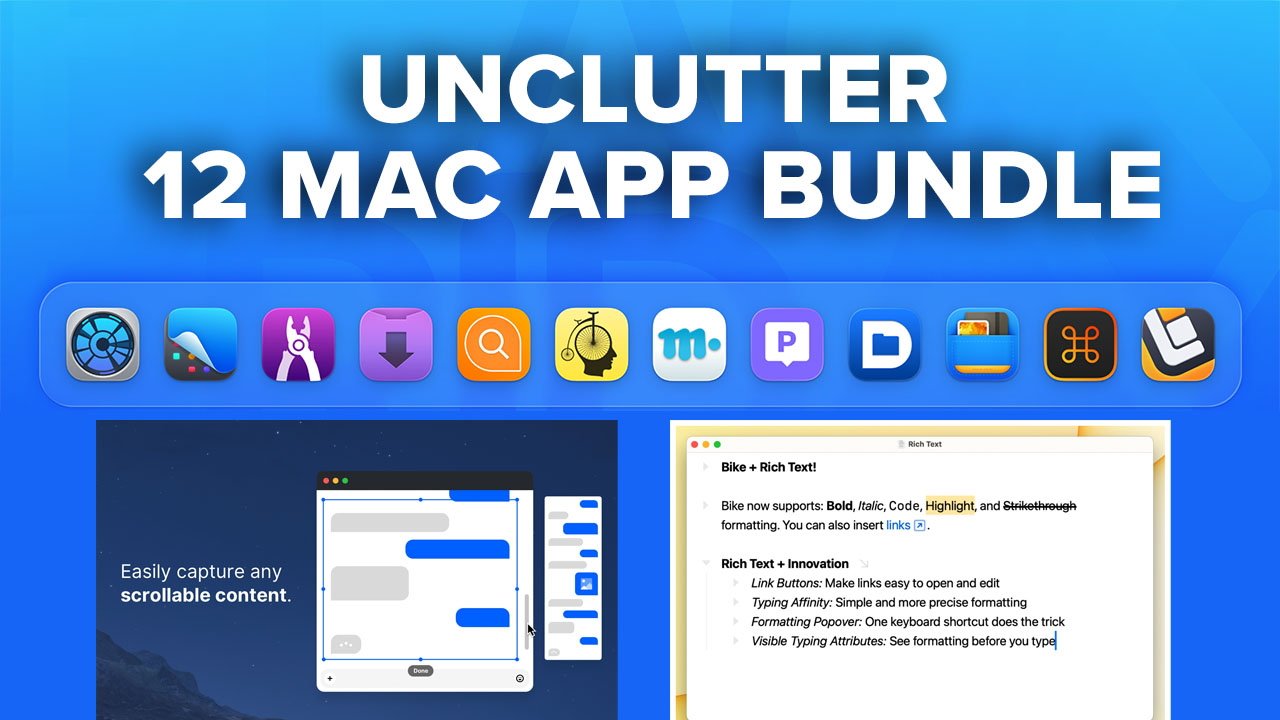 Promotional graphic for a 12 Mac app bundle, featuring colorful app icons, text editing software, and a scrollable content capture tool on a blue background.