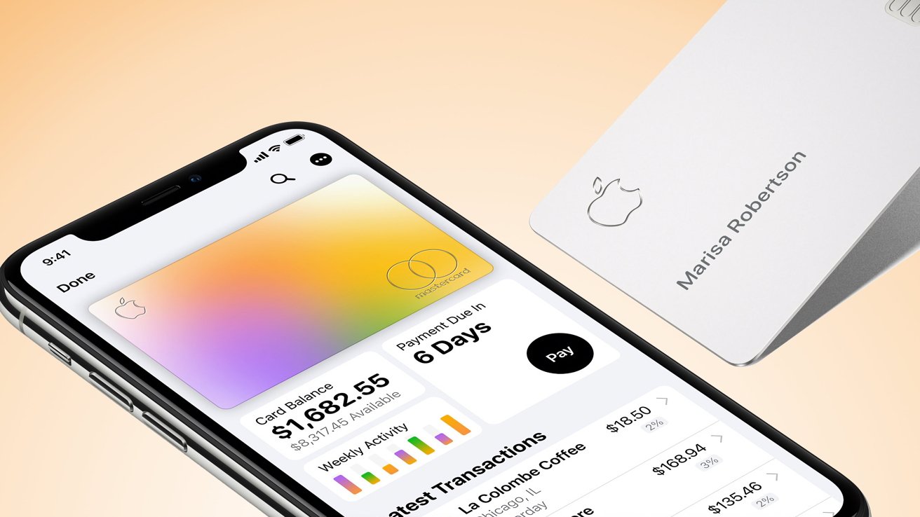 Smartphone displays a colorful digital card, card balance, payment due date, and recent transactions; a physical card with a logo and name lies beside it.